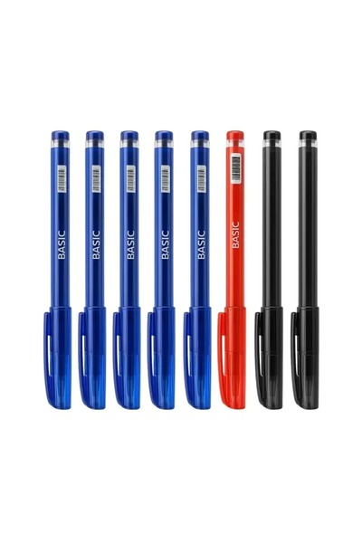 BASIC Erasable Ball Pen Set - 8pcs | Smooth Writing with Blue, Black & Red Ink + Eraser Tip