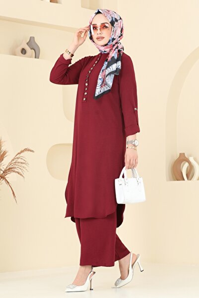 ModaMerve Yarım Düğmeli Tesettür Takım 2328MP806-MS Bordo