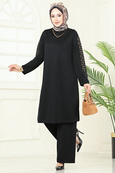 ModaMerve Taş Detaylı Tesettür Takım 455DVL817-MS Siyah