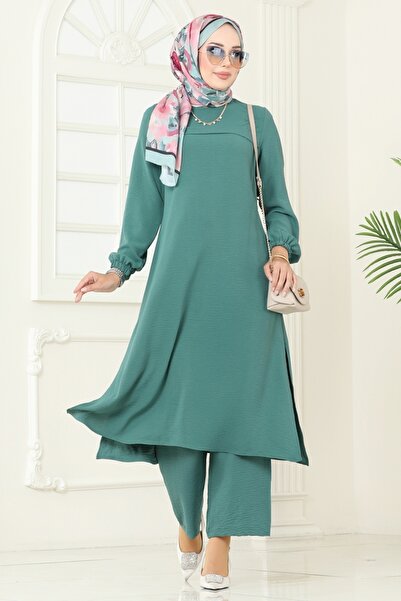 ModaMerve Yandan Yırtmaçlı Tesettür Takım 1996FON792-MS Koyu Mint