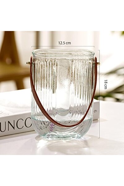 OEM Glass Vase, Transparent with Vertical Stripes and Handle, 18cm
