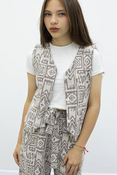 Cansın Mini Coffee Patterned Buttoned Vest Wide Leg Belted Trousers Girls' 2 Piece Set 21012