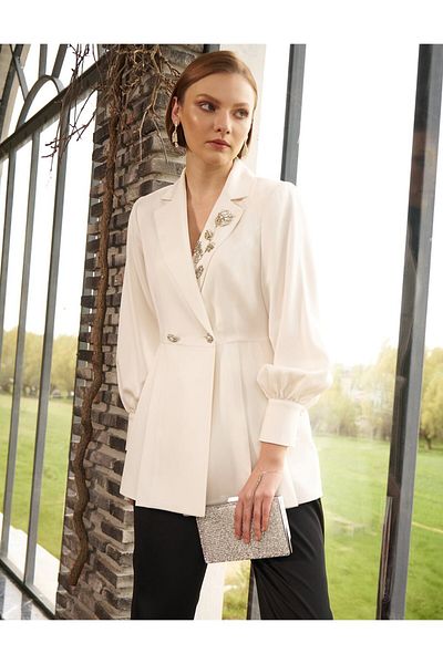 Kayra Stone Embroidered Satin Jacket Ecru