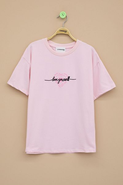 Cansın Mini Pink Back Heart Printed Text Girls' Crew Neck T-Shirt 20972