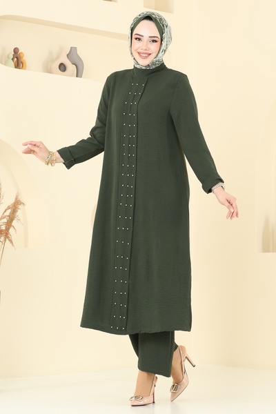 ModaMerve Önü İncili Tesettür Takım 3101HBS856-MS Haki