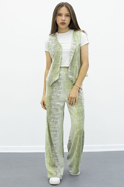 Cansın Mini Khaki Buttoned Vest and Wide Leg Belted Trousers for Girls 2 Piece Set 21009