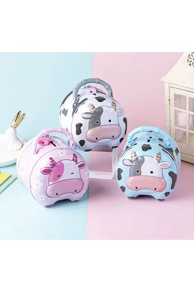 Coverzone Cute Cow Design Metal Locked Piggy Bank Decorative Gift Home Ornament Blue Color
