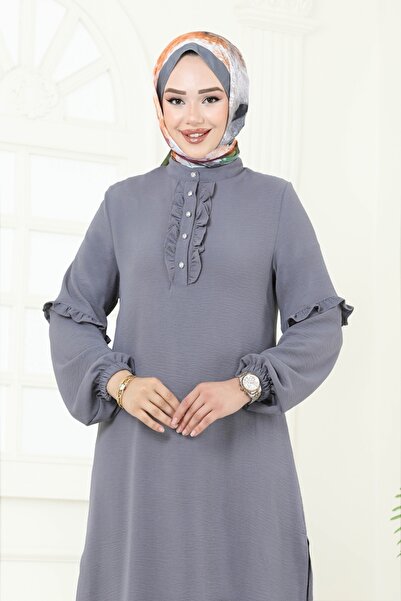 ModaMerve Yandan Yırtmaçlı Tesettür Takım 412DVL817-MS Gri