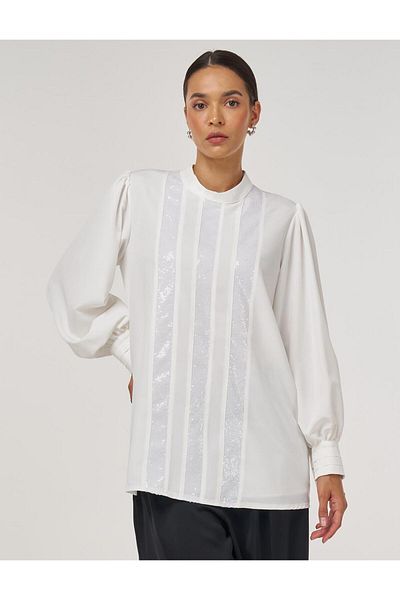Kayra Sequin Embroidered Stylish Blouse Ecru