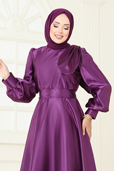 ModaMerve Beli Kuşaklı Saten Abiye 2745ASMK1074-MS Koyu Lila