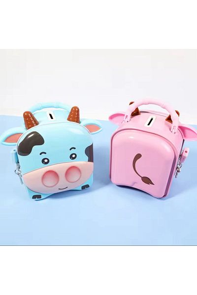 Coverzone 3D Cute Cow Design Eared Metal Locked Piggy Bank Decorative Gift Home Ornament Blue Color