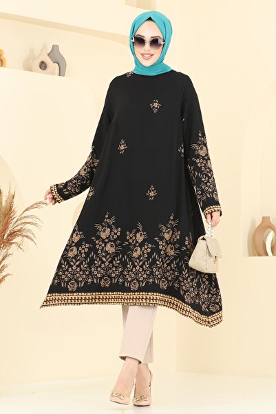 ModaMerve Desenli Viskon Tunik 1003ZNN863-MS Siyah