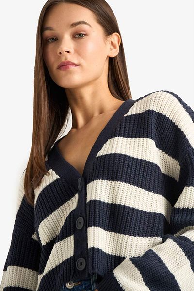 DeFacto Regular Fit V-Neck Striped Knitwear Cardigan Z8539Az25Wn