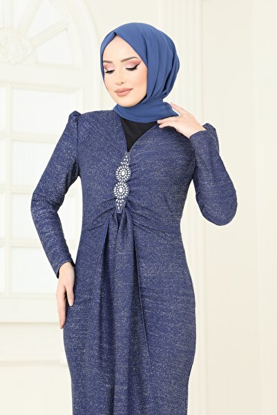 ModaMerve Eteği Volanlı Abiye Elbise 2782ASMK1074-MS İndigo