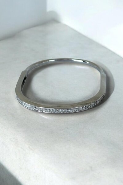 TAKIŞTIR Silver Color Stone Detailed Ysx Handcuff Bracelet