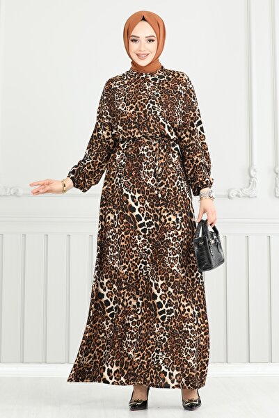 ModaMerve Leopar Desen Viskon Elbise 803OZN1046-MS Siyah