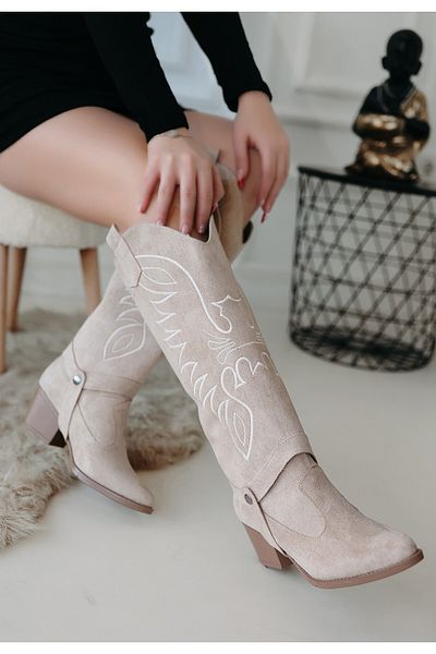 Skygo Jilla Beige Suede Removable Heeled Boots and Boots