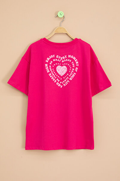 Cansın Mini Φούξια μπλουζάκι με στάμπα με καρδιά για κορίτσια με λαιμόκοψη 20969