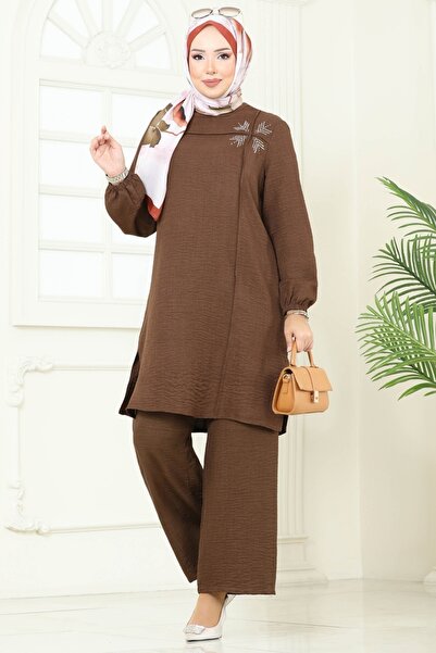 ModaMerve Taş Detay Sofia Takım 437DVL817-MS Açık Kahve