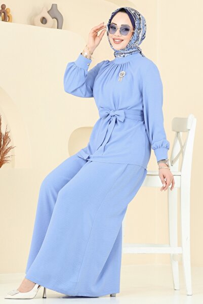 ModaMerve Broş Detaylı Aerobin Takım 375DVL817-MS Açık İndigo