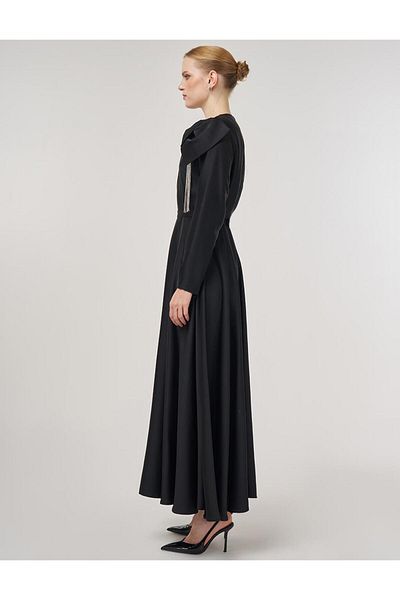 Kayra Embroidered Satin Dress Black