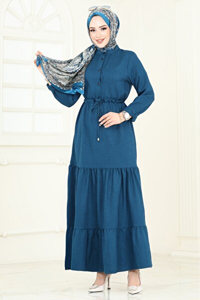 ModaMerve Yarım Düğmeli Elbise 3049KTR750-MS Petrol