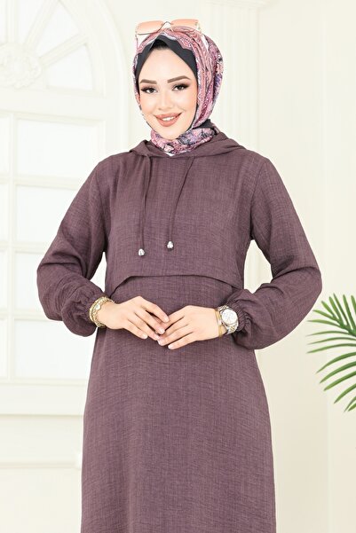 ModaMerve Kapşonlu Elbise 814OZN1046-MS Koyu Lila