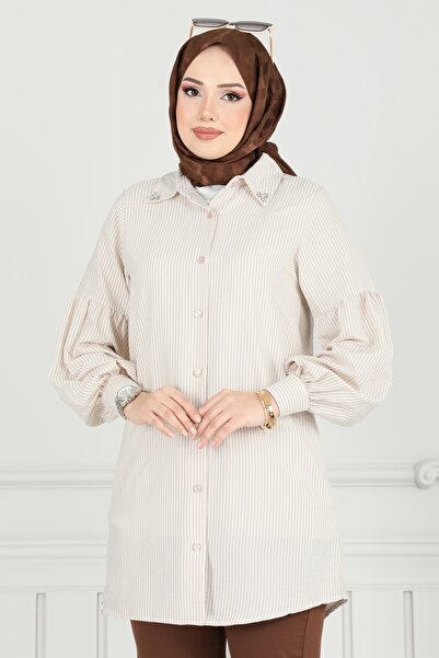 ModaMerve Yakası Taşlı Çizgili Gömlek 3093HBS856-MS Vizyon
