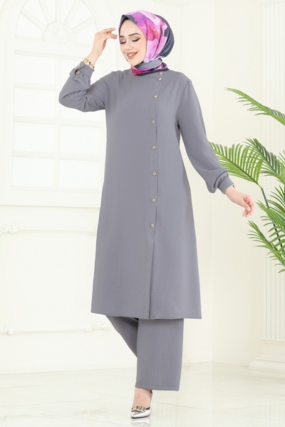 ModaMerve Önden Düğmeli Aerobin Takım PL9149-MS Gri