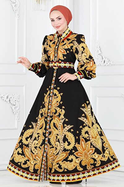 ModaMerve Desenli Kemerli Elbise 2395JNF844-MS Siyah&Oranj