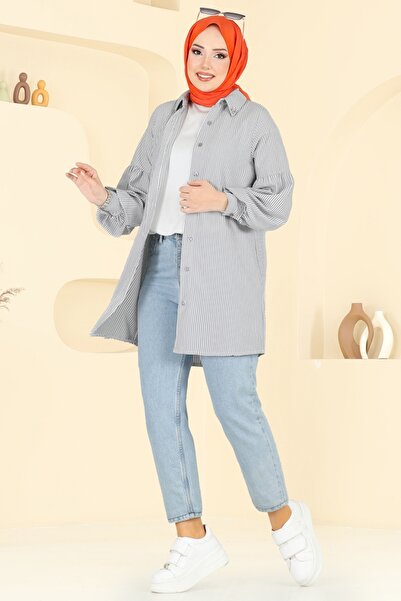 ModaMerve Yakası Taşlı Çizgili Gömlek 3093HBS856-MS Siyah