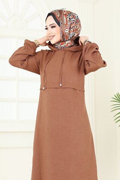 ModaMerve Kapşonlu Elbise 814OZN1046-MS Açık Kahve