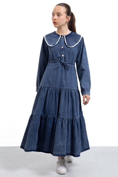 Cansın Mini Navy Blue Collar Lace Detailed Long Sleeve Girl's Jean Dress 21135