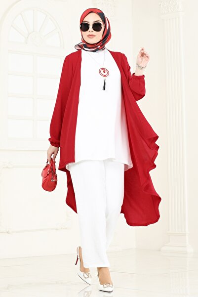 ModaMerve Kolyeli Üçlü Aerobin Takım PL8058-MS Kırmızı&Ekru