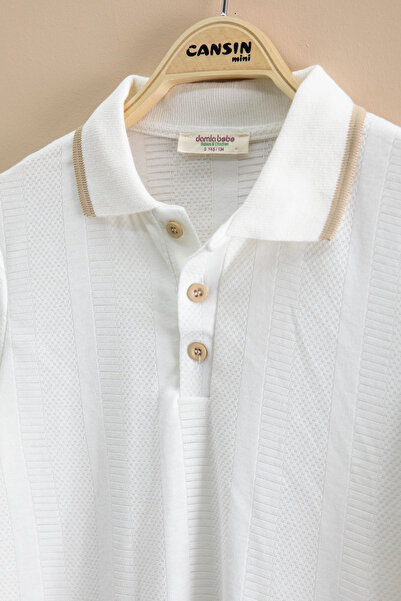 Cansın Mini Beige Stripe Patterned Polo Collar Buttoned Boy's Shorts 2 Piece Set 21114