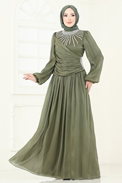 ModaMerve SUAL Önü Taşlı Organze Abiye 6238LPN858-MS Haki