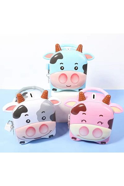 Coverzone 3D Cute Cow Design Eared Metal Locked Piggy Bank Decorative Gift Home Ornament Pink Color