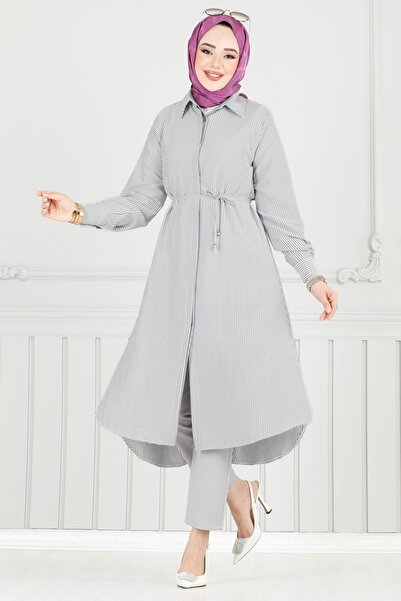 ModaMerve Beli Bağcıklı Çizgili Tunik 3106HBS856-MS Siyah