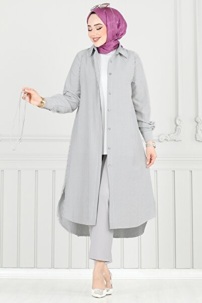 ModaMerve Beli Bağcıklı Çizgili Tunik 3106HBS856-MS Siyah