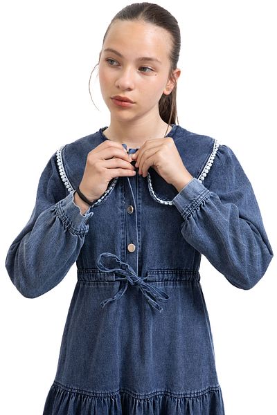 Cansın Mini Navy Blue Collar Lace Detailed Long Sleeve Girl's Jean Dress 21135
