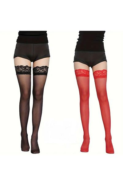 NiLi 2 Pieces Elegant Lace Decorated Thin over the Knee Garter Women's Socks