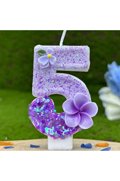 L&Wen شموع الكيك ذات الرقم 5 باللون الأرجواني مقاس 7 سم، شمعة ذات رقم على شكل زهرة لأعياد الميلاد والاحتفالات ذات الطابع الخاص