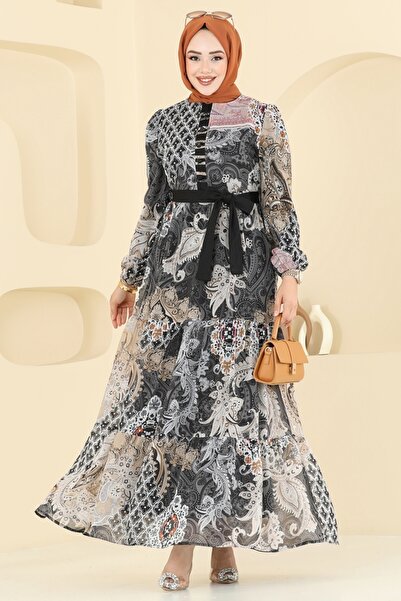 ModaMerve Etnik Desen Şifon Elbise 5297AL357-MS Siyah