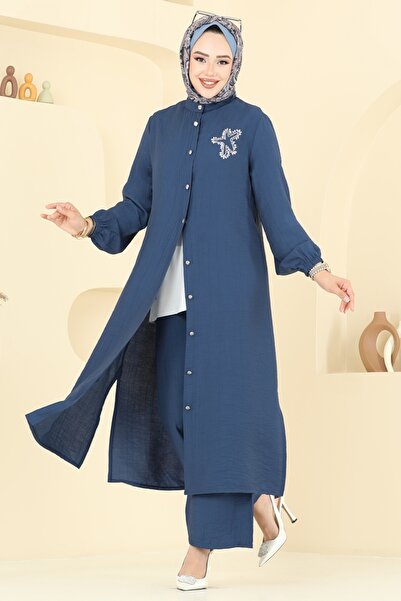 ModaMerve Star Detailed Hijab Suit 449Dvl817-Ms Indigo