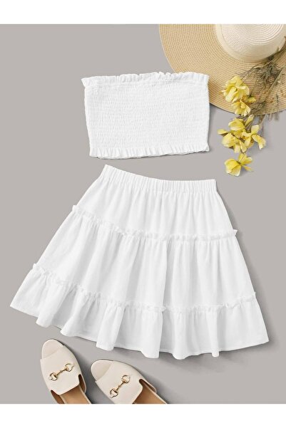 shop Fusta albă badi pentru fetițe, cu volane și aplicații