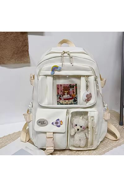 Minga London Rucsac de școală din pluș în stil coreean Kawaii și CADOU DE ALIMENTARE și (fără insignă) cremă -Minga London