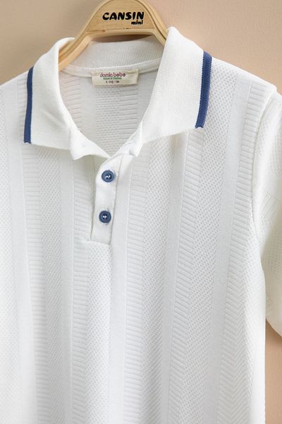 Cansın Mini Indigo Stripe Patterned Polo Collar Buttoned Boy's Shorts 2 Piece Set 21116