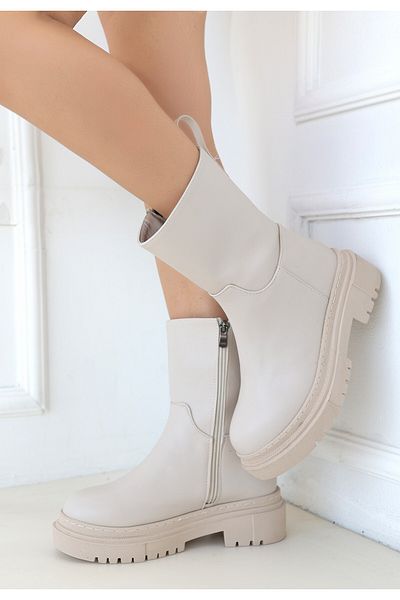 Skygo Liara Beige Leather Heeled Boots