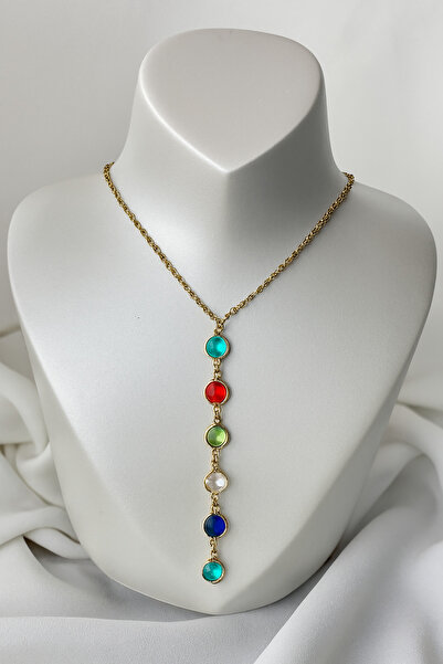 TAYEM قلادة على شكل حرف Y من الفولاذ باللون الذهبي مع تفاصيل حجر ملون