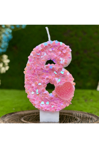 L&Wen شموع كعكة على شكل قلب وردي رقم 6 أبيض مقاس 7 سم، شمعة ذات طابع رقمي وردي